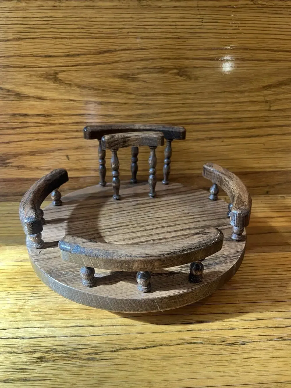 Vintage Handmade Wood Lazy Susan Spindle Rail Round Serving Tray Signed M.S.